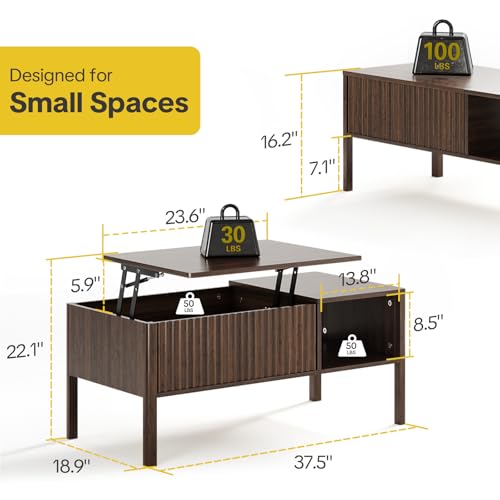 Fluted Lift Top Coffee Table with Hidden & Open Storage, Rectangle Modern Coffee Table for Living Room, Smooth Hydraulic Lift, Large Capacity, Safe Round Corners, Easy to Clean, Vertical Grain-Brown