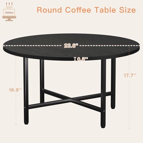 FAMIDGE Coffee Table, 23.6" Coffee Tables for Living Room, Round Coffee Table with Metal Frame, Floor Table for Sitting on The Floor, Home, Office, Black