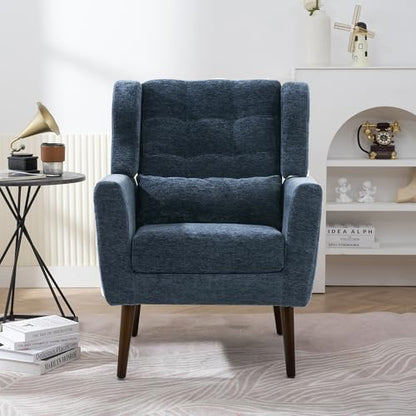 Accent Chair, Comfy Upholstered Living Room Chairs with High Tufted Backrest and Pillow, Wingback Reading Chair with Solid Wood Legs for Bedroom/Office,Teddy Fabric, Light Green — Set of 1 / Dark Blue (2)