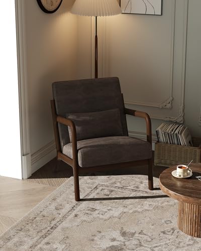 Garvee Mid-Century Chenille Accent Chair, Cozy Reading Chair, Modern Lounge Armchair with Lumbar Pillow, Solid Wood Frame, for Living Room, Bedroom, Office, Beige
