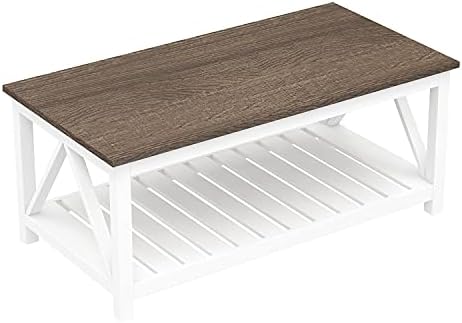 ChooChoo Farmhouse Coffee Table, Rustic Vintage Living Room Table with Shelf, 40 White