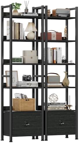Furologee 5 Tier Bookshelf with Drawer, Tall Narrow Bookcase with Shelves, Wood and Metal Bookshelves Storage Organizer, Industrial Display Standing Shelf Unit for Bedroom, Living Room, Rustic Brown