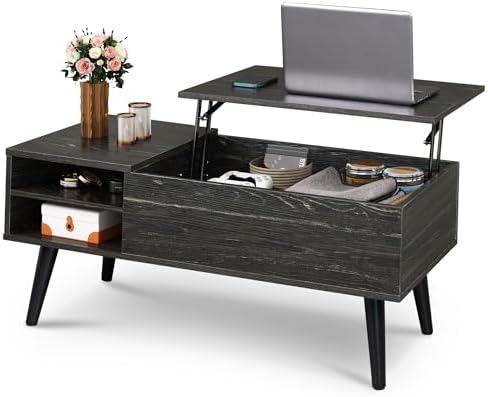 WLIVE Coffee Table with Lifting Top, Hidden Storage & Adjustable Shelf for Living Room Small Space, Multifunctional Rising Wooden Center Table, Mid Century Modern Tables for Home Dining Office, Brown — Black / 39.4" With Drawers (2)