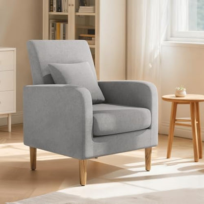 Magshion Accent Chair for Living Room, Comfy Mid-Century Reading Chair for Bedroom, Upholstered Linen Fabric Armchair Single Sofa with Back Pillow & Wood Legs, 300 lbs Capacity, Yellow — Grey (2)