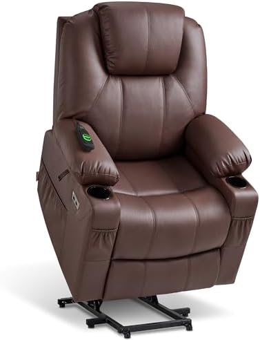 MCombo Electric Power Lift Recliner Chair Sofa with Massage and Heat for Elderly, 3 Positions, 2 Side Pockets, and Cup Holders, USB Ports, Faux Leather 7040 (Grey, Medium) — Large / Light Brown (2)