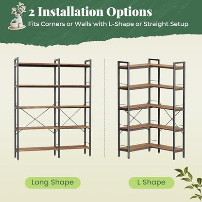 Huuger 5 Tier Bookshelf, L Shaped Corner Bookshelf with 10 Open Shelves, 49.4 Inch Straight Wide Bookcase with Metal Frame and Wooden Board, Adjustable Feet, Rustic Brown