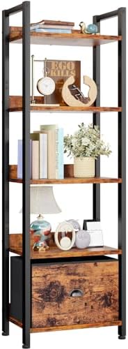 Furologee 5 Tier Bookshelf with Drawer, Tall Narrow Bookcase with Shelves, Wood and Metal Bookshelves Storage Organizer, Industrial Display Standing Shelf Unit for Bedroom, Living Room, Rustic Brown