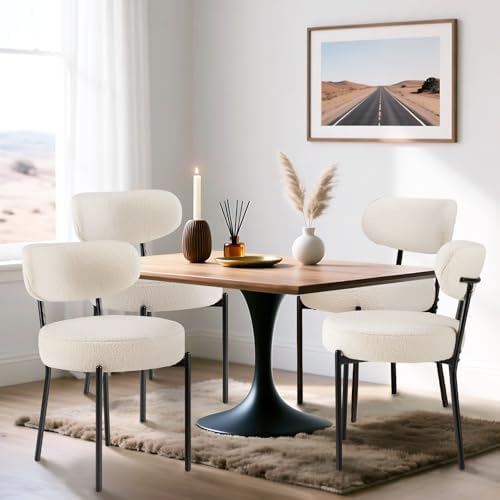 DUMOS Dining Chairs Set of 2, Mid Century Modern Chair Round Upholstered Curved Backrest, Kitchen Vanity Living Room Chairs with Black Metal Legs，Ivory White