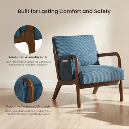 DUMOS Mid Century Modern Accent Chair, Upholstered Armchair with Lumbar Pillow and Solid Wood Frame, Comfy Reading Chair for Small Living Room, Bedroom, Guest Room, Navy Blue