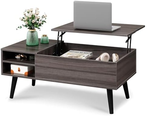 WLIVE Coffee Table with Lifting Top, Hidden Storage & Adjustable Shelf for Living Room Small Space, Multifunctional Rising Wooden Center Table, Mid Century Modern Tables for Home Dining Office, Brown — Grey / 39.4"W x 19.7"D x 16.9"H (2)