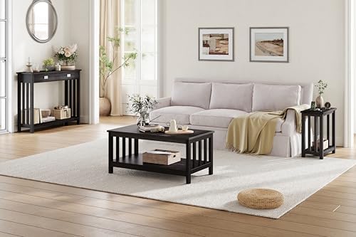 ChooChoo Mission Coffee Table, Black Wood Living Room Table with Shelf, 40 Black