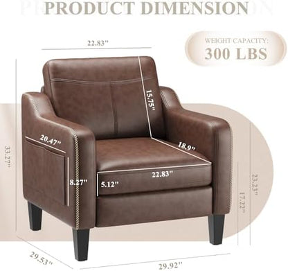 MALOL PU Leather Accent Chair, Mid-Century Modern Living Room Armchair Sofa with Removable Cushions, Solid Wood Frame & Stitched Armrest Design, Bedroom Chair with Plastic Legs, Chocolate Brown