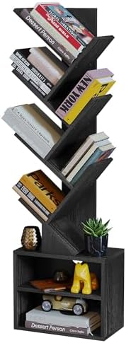 SUNMORY 6 Tier Tree Bookshelf, Small Bookcase with Storage Cabinet, Modern Tall Narrow Bookshelves Organizer, Floor Standing Book Shelf for Bedroom/Living Room/Home Office/Corner, Rustic Brown — Black / 6 Tier-Standard (2)