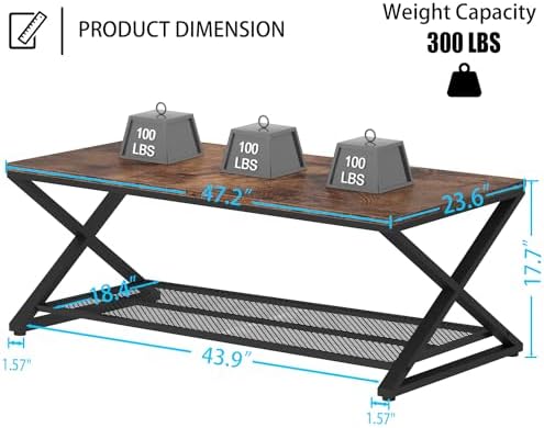 LVB Coffee Table for Living Room, 2 Tier Tea Table, 47 inch, Rustic Brown | Industrial Metal Wood Coffee Table with Storage, Farmhouse Wooden Rectangle Center Table with Mesh Shelf for Office Bedroom