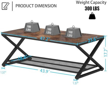 LVB Coffee Table for Living Room, 2 Tier Tea Table, 47 inch, Rustic Brown | Industrial Metal Wood Coffee Table with Storage, Farmhouse Wooden Rectangle Center Table with Mesh Shelf for Office Bedroom