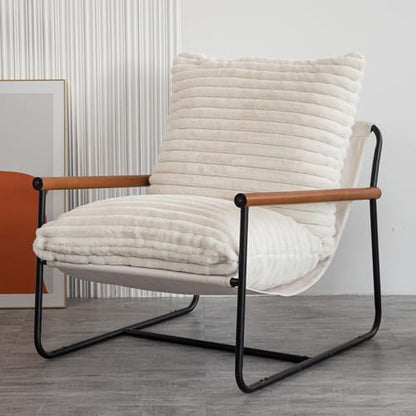 MAXYOYO Accent Chair, Sherpa Arm Chair for Living Room, Mid Century Modern Accent Chairs, Boucle Reading Bedroom Chair, Teddy Armchair, Wooden Arms Metal Frame — White (2)