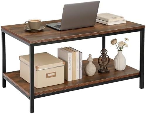 SUPER DEAL 2-Tier Industrial Coffee Table with Storage Shelf for Small Apartment Living Room, Rectangle Wood and Stable Metal TV Stand Side End Table, Rustic Brown