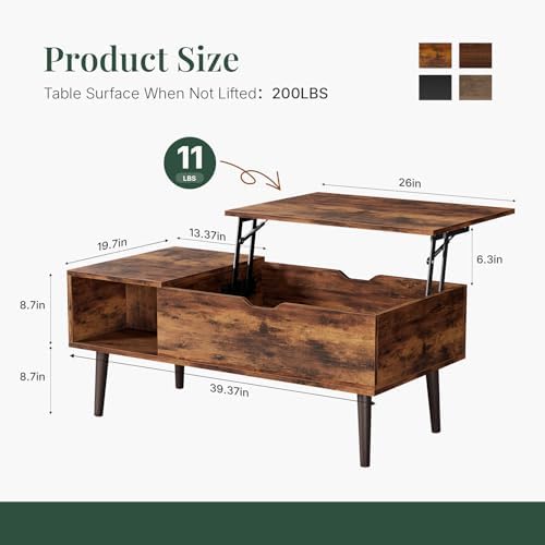 Wood Lift Top Coffee Table with Hidden Storage Compartment & Open Shelf, Multi-Functional Wooden Tabletop Dining Table for Living Room, Home Small Space
