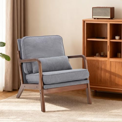 DUMOS Mid Century Modern Accent Chair, Armchair with Lumbar Pillow and Waist Cushion, Solid Wood Frame Lounge Chair for Living Room, Bedroom, Reading Nook, Small Apartment Corner, Ivory White