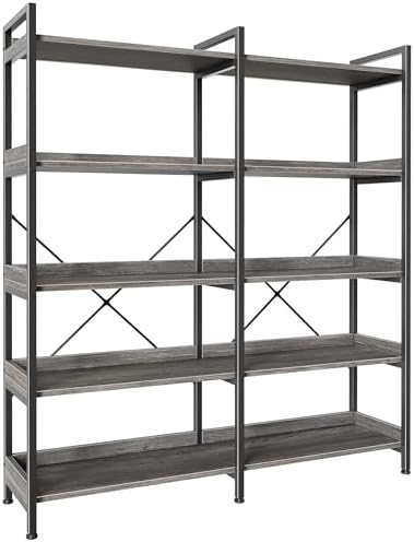 Huuger 5 Tier Bookshelf, Display Bookshelf with 10 Open Shelves and Raised Baffle, 47.2 Inch Straight Wide Bookcase with Metal Frame and Wooden Board, Adjustable Feet, Rustic Brown — 5 Tier / Grey (2)