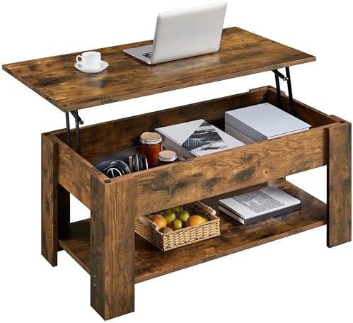 Yaheetech Wooden Coffee Table, Lift Top Coffee Table with Large Hidden Storage Shelf, Lift Tabletop Dining Tables for Living Room, Home Small Space, 38.6in, Black — Rustic Brown / 38.6 inches (2)