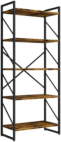 Shintenchi 5 Tiers Bookshelf, Classically Tall Bookcase Shelf, Industrial Book Rack, Modern Book Holder in Bedroom/Living Room/Home/Office, Storage Rack Shelves for Books/Movies-Rustic Brown