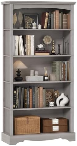 TVU 5-Tier Wooden Bookshelf, 31.5" W x 65" H ×9.9" D Bookshelf with Storage, Floor Standing Modern Style Display Bookcase for Living Room, Office, Study Room, Entryway, Brown