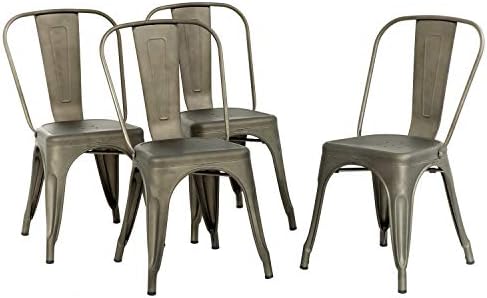 FDW | Metal Dining Chairs | Set of 4 | Black | Stackable Tolix Side Chairs with Backrest | Scratch-Resistant | Non-Slip Feet | Indoor/Outdoor Use | 330 lbs Capacity | for Kitchen & Restaurant — Gun / Steel Seat (2)