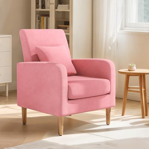 Magshion Accent Chair for Living Room, Comfy Mid-Century Reading Chair for Bedroom, Upholstered Linen Fabric Armchair Single Sofa with Back Pillow & Wood Legs, 300 lbs Capacity, Yellow — Pink (2)
