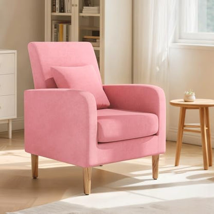 Magshion Accent Chair for Living Room, Comfy Mid-Century Reading Chair for Bedroom, Upholstered Linen Fabric Armchair Single Sofa with Back Pillow & Wood Legs, 300 lbs Capacity, Yellow — Pink (2)
