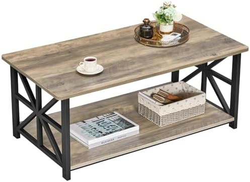 GreenForest Round Corners Coffee Table for Living Room | Rustic Style Center Table with Storage Shelf,39 Inch Space Saving Sofa Table,Easy Assembly,Gray Wash