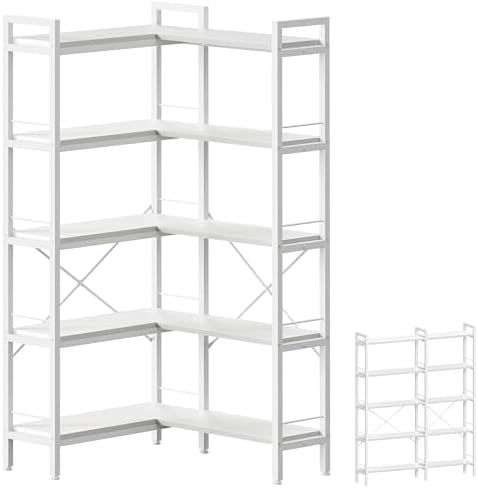 Huuger 5 Tier Bookshelf, L Shaped Corner Bookshelf with 10 Open Shelves, 49.4 Inch Straight Wide Bookcase with Metal Frame and Wooden Board, Adjustable Feet, Rustic Brown — 5 Tier / White (2)
