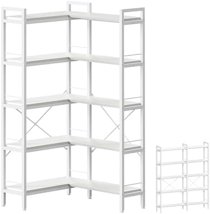 Huuger 5 Tier Bookshelf, L Shaped Corner Bookshelf with 10 Open Shelves, 49.4 Inch Straight Wide Bookcase with Metal Frame and Wooden Board, Adjustable Feet, Rustic Brown — 5 Tier / White (2)
