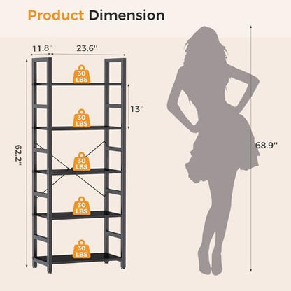 DUMOS 5-Tier Bookshelf, Modern Tall Bookcase Book Shelf | Open Storage Display Shelf for Living Room, Bedroom, Home Office, Narrow Standing Shelving Unit for Books, CDs, Décor Black