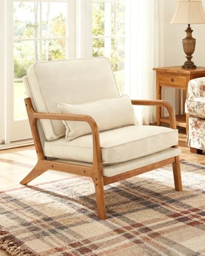 Karl home Mid-Century Modern Accent Reading Chair, Beige | Linen Upholstered, Solid Wood Frame, Soft Cushion, Lumbar Pillow, Lounge Armchair for Living Room, Bedroom, Balcony, Study — Linen Beige (8)