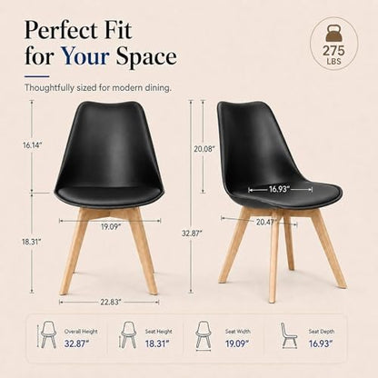 Dining Chairs Set of 4, Modern Upholstered Dining Room Chairs with PU Leather Padded Seat, Armless Kitchen Chairs with Curved Backrest and Solid Wood Legs for Dining Room, Kitchen, Apartment, Black