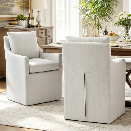 DUHOME Upholstered Dining Chair Set of 2 360 Swivel Linen Accent Armchair | Pre-Assembled Modern Rolling Armchair with Silent Casters, Beige Linen Accent Chair for Dining Room Living Room Bedroom