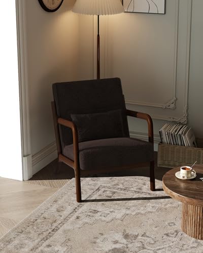 Garvee Mid-Century Chenille Accent Chair, Cozy Reading Chair, Modern Lounge Armchair with Lumbar Pillow, Solid Wood Frame, for Living Room, Bedroom, Office, Beige