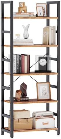 DUMOS 5-Tier Bookshelf, Modern Tall Bookcase Book Shelf | Open Storage Display Shelf for Living Room, Bedroom, Home Office, Narrow Standing Shelving Unit for Books, CDs, Décor Black — Rustic Brown / 4 Tier (2)