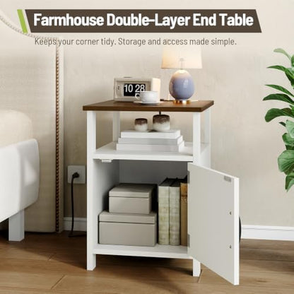 3 Pieces Farmhouse Coffee Table and End Table Sets with AC | 2 Side Tables with USB Ports for Living Room, Office, Apartment, White and Walnut