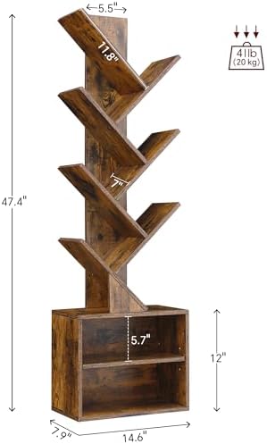 SUNMORY 6 Tier Tree Bookshelf, Small Bookcase with Storage Cabinet, Modern Tall Narrow Bookshelves Organizer, Floor Standing Book Shelf for Bedroom/Living Room/Home Office/Corner, Rustic Brown