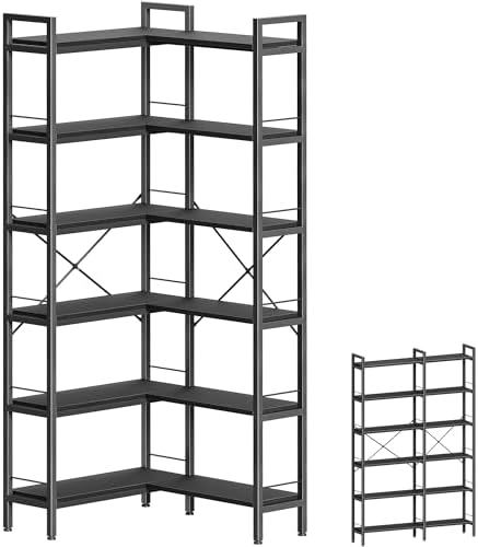 Huuger 5 Tier Bookshelf, L Shaped Corner Bookshelf with 10 Open Shelves, 49.4 Inch Straight Wide Bookcase with Metal Frame and Wooden Board, Adjustable Feet, Rustic Brown — 4 Tier / Black (2)