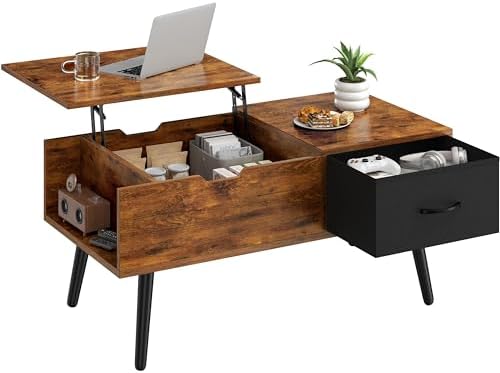 Yaheetech Lift Top Coffee Table for Living Room, Wooden Small Center Tables with Large Storage Shelf Drawer and Hidden Compartment Modern, Black — Rustic Brown (2)