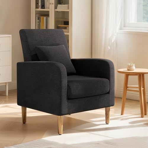 Magshion Accent Chair for Living Room, Comfy Mid-Century Reading Chair for Bedroom, Upholstered Linen Fabric Armchair Single Sofa with Back Pillow & Wood Legs, 300 lbs Capacity, Yellow — Black (2)