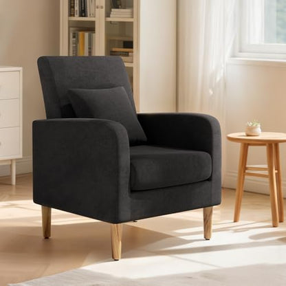 Magshion Accent Chair for Living Room, Comfy Mid-Century Reading Chair for Bedroom, Upholstered Linen Fabric Armchair Single Sofa with Back Pillow & Wood Legs, 300 lbs Capacity, Yellow — Black (2)