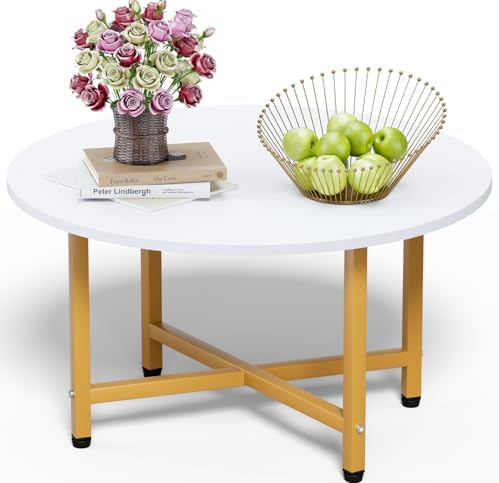 FAMIDGE Coffee Table, 23.6" Coffee Tables for Living Room, Round Coffee Table with Metal Frame, Floor Table for Sitting on The Floor, Home, Office, Black — Gold Legs & White / 1 Tier (2)