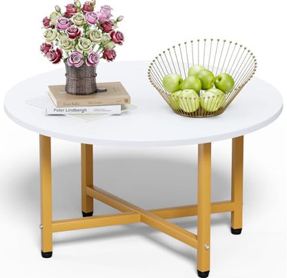 FAMIDGE Coffee Table, 23.6" Coffee Tables for Living Room, Round Coffee Table with Metal Frame, Floor Table for Sitting on The Floor, Home, Office, Black — Gold Legs & White / 1 Tier (2)