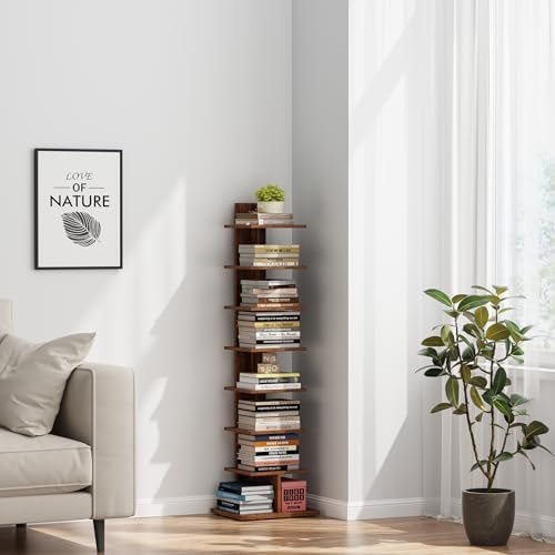 TUTOTAK Book Shelf, Narrow Spine Bookshelf, 8-Tier Bookcase for Small Space | 10.4 x 13.4 x 47.5 Inches Vertical Freestanding Corner Shelf for Living Room, Office, Study, Entryway, Brown BS06BB008