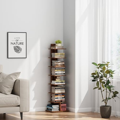TUTOTAK Book Shelf, Narrow Spine Bookshelf, 8-Tier Bookcase for Small Space | 10.4 x 13.4 x 47.5 Inches Vertical Freestanding Corner Shelf for Living Room, Office, Study, Entryway, Brown BS06BB008