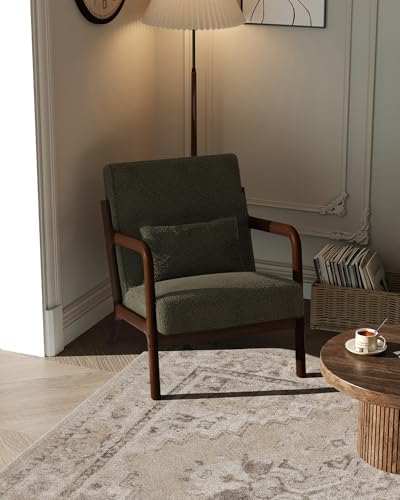 Garvee Mid-Century Chenille Accent Chair, Cozy Reading Chair, Modern Lounge Armchair with Lumbar Pillow, Solid Wood Frame, for Living Room, Bedroom, Office, Beige — Green-sherpa / 1 Pack (2)